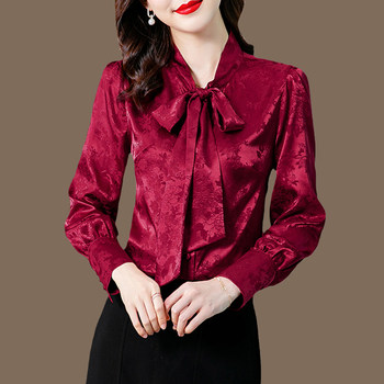 Silk Shirt Women's 2021 Fall New Bow Fashion Satin Jacquard Top Mulberry Silk Slim Long Sleeves