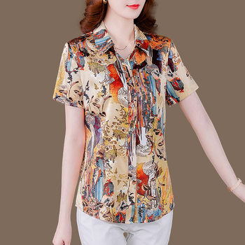 Silk shirt women's 2022 summer new cardigan POLO collar Western-style printing meat-covering mother mulberry silk shirt