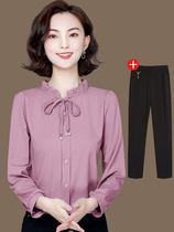 Real silk blouses women 2022 autumn clothing new middle aged mother pure color small shirt foreign air mulberry silk long sleeve two pieces