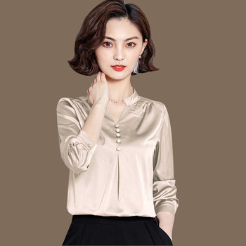 Silk shirt women's 2021 new autumn half-open collar temperament waist and thin all-match mother long-sleeved Western-style shirt