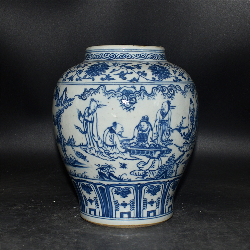 大明嘉靖年製 青花瓷 鯖竹林七賢人物缶陶磁器 美術品 置物 y605 大明嘉靖年製 青花瓷 鯖竹林七賢人物缶陶磁器 美術品 置物 y605