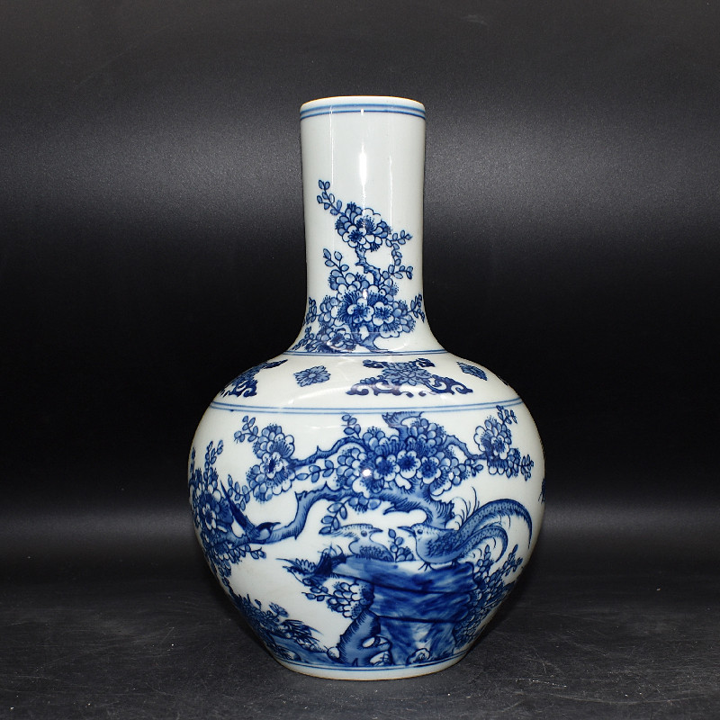 清代康熙手绘花鸟梅花天球瓶古董老货水养花瓶陶瓷高级仿古瓷器