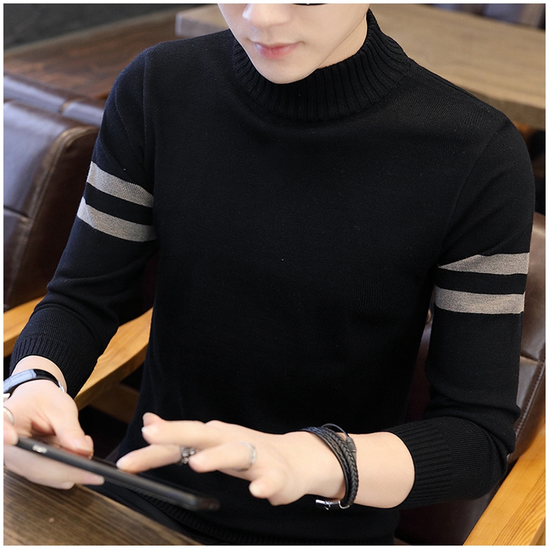 Semi-turtleneck sweater men's autumn and Winter Korean version slim trend knitted top men's velvet thickened base shirt