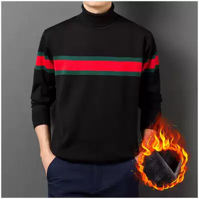 Turtleneck sweater men's autumn and winter New Korean slim trend knitwear men plus velvet padded round neck jacket mp