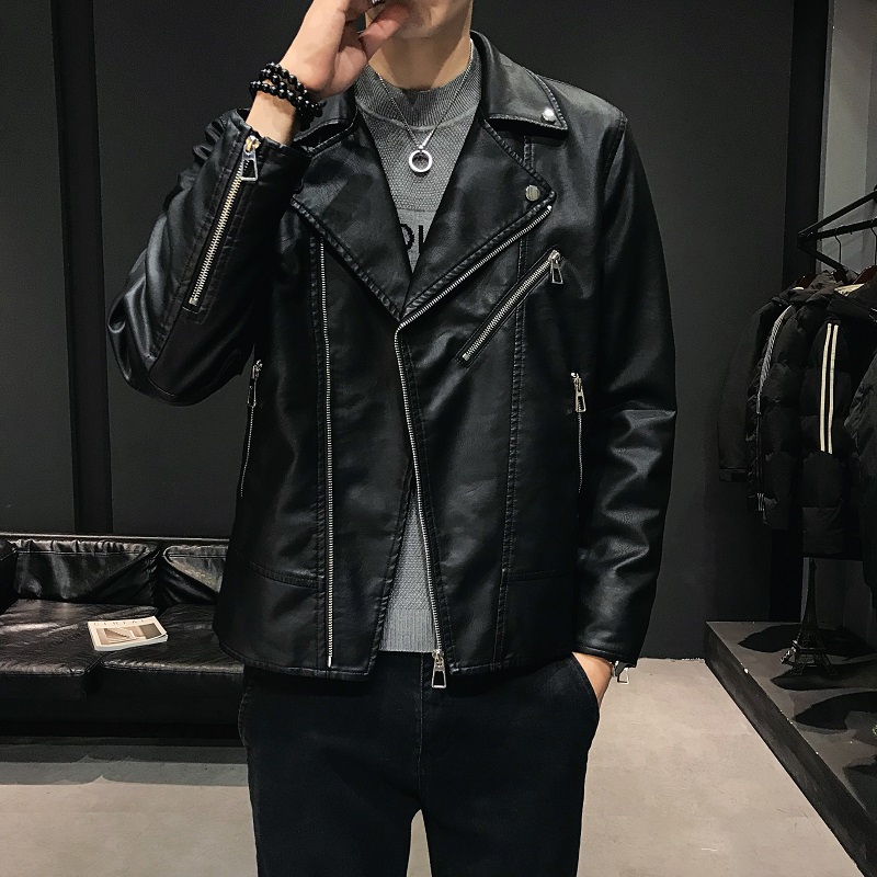 Famous leather men's autumn and winter new Korean slim fashion handsome leather jacket men's handsome velvet motorcycle jacket