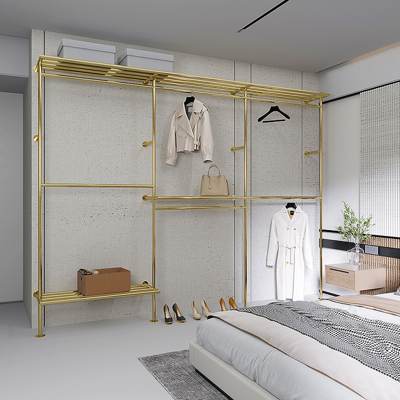 Wall-Mounted Cloakroom Clothes Hanger Assembly Stainless Steel Titanium Home Bedroom Storage Open Wardrobe Storage Room