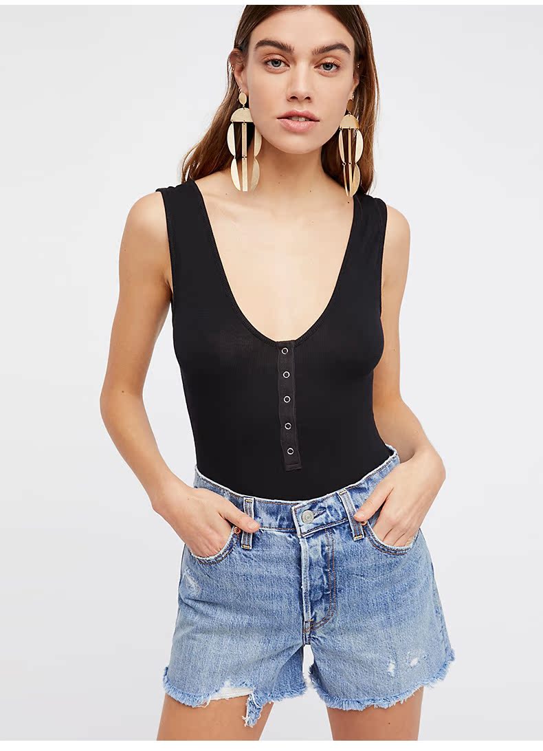 Free People Áo hở nửa cổ tròn nửa cổ hông kiểu áo vest một mảnh 2018 Xuân-Thu đồ lót định hình một mảnh