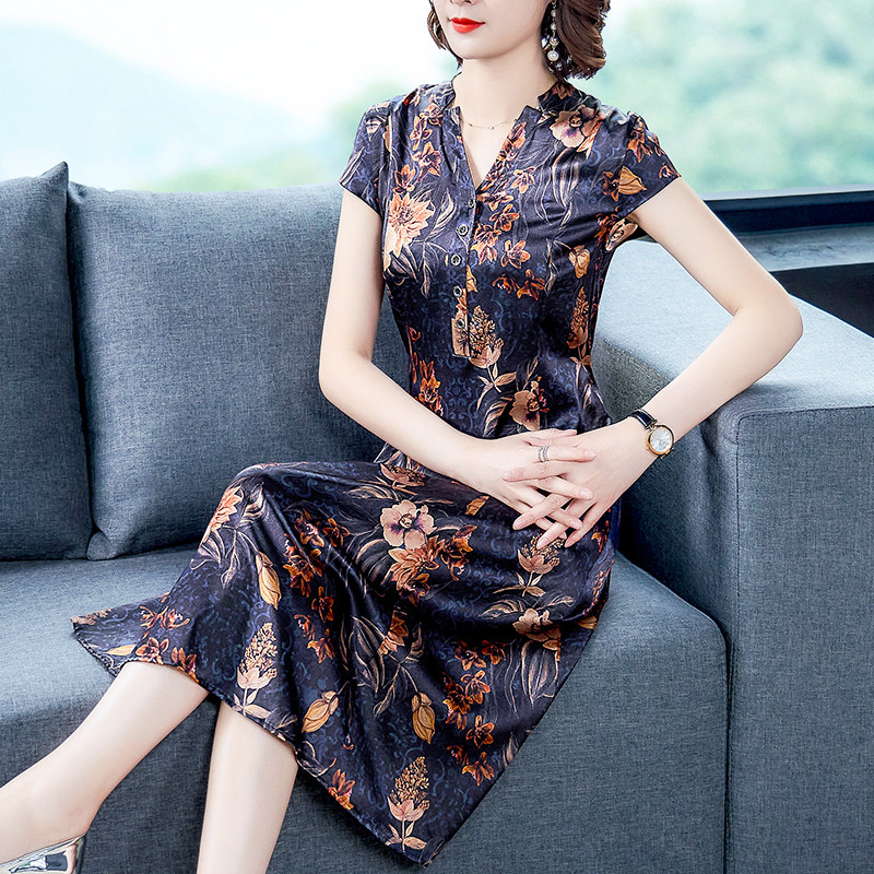 Heavy-pound fragrant cloud yarn dress 2022 new summer lady high-end real silk mulberry silkworm with long version Temperament Improved Qipao Skirt