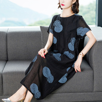 Waist thick belly cotton silk dress womens summer 2021 new straight hidden meat age reduction foreign style loose cotton and hemp over the knee