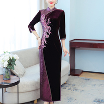 Golden Velvet Qipao Dress Dress Noble Foreign Air Autumn And Winter Women Young Moms Wedding Dress High-end Happy Mother-in-law Dress Elegance