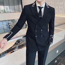 Han Edition Embroidery Casual Small Suit Mens Jacket Handsome and Double Buttoned Western Suit Suit Men Trend Youth Set