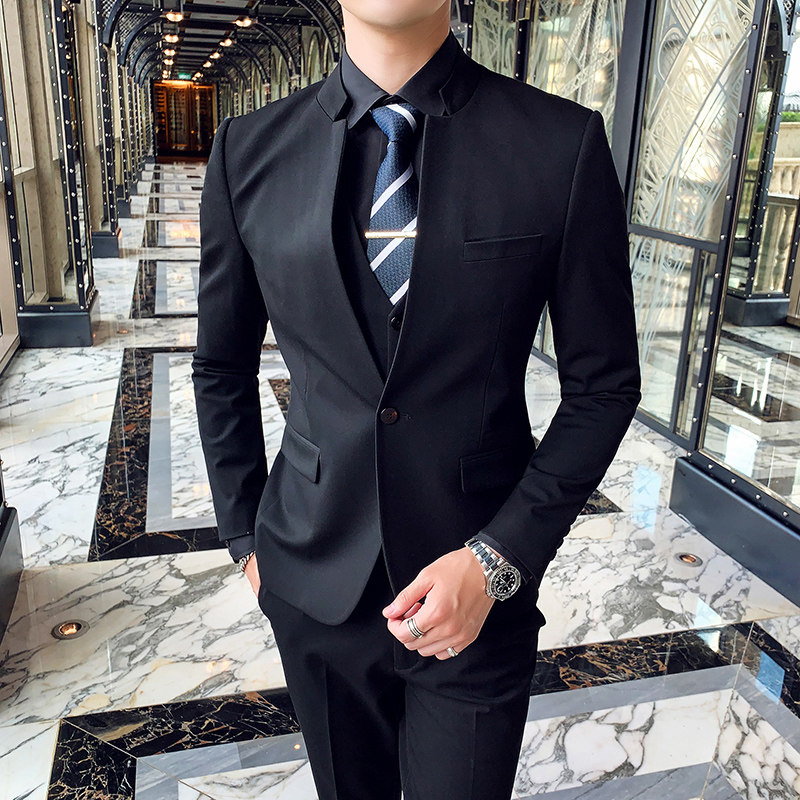 Western-style suit men's three sets of casual handsome air stand-up Zhongshan dress trendy Han version Fitted Dress Banquet Gown