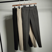 Dark striped suit pants mens autumn and winter plus velvet padded herringbone wool pants mens slim feet casual trousers