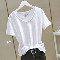 2022 Summer new Korean version pure white short sleeve t-shirt female wool side v collar Bamboo Festival cotton loose display slim and half sleeve blouse