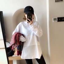 Pure white t-shirt female round collar thickened autumn and winter new Korean version loose long sleeve irregular design feel hit bottom