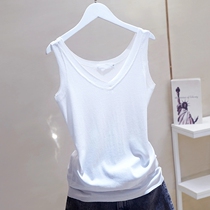 Pure white V collar worker handwriting vest woman 2022 summer new hit bottom elastic body display slim fit outside wearing harness sleeveless t-shirt