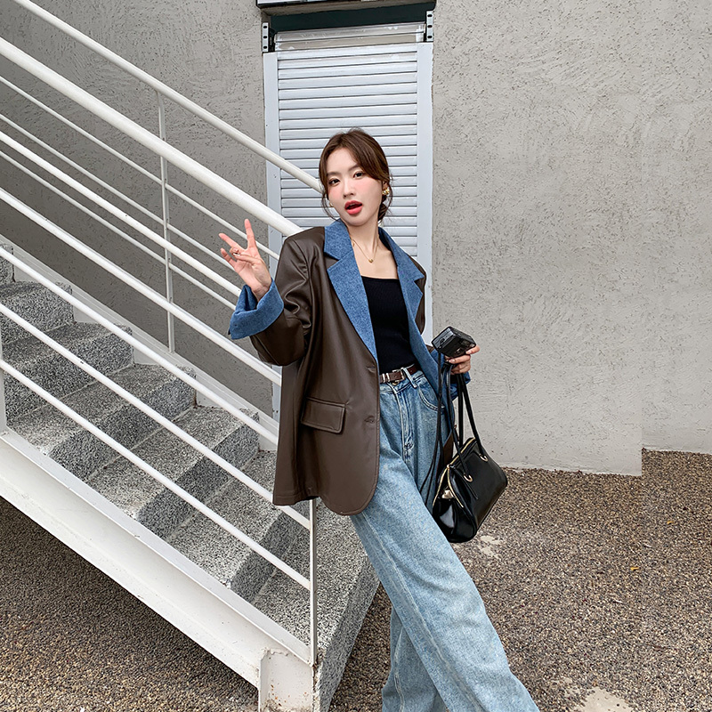 Women's Designer Blazer with Unique Style, Spring and Autumn 2026 New Model, Denim and Leather Patchwork, High-End Street Fashion Small Suit