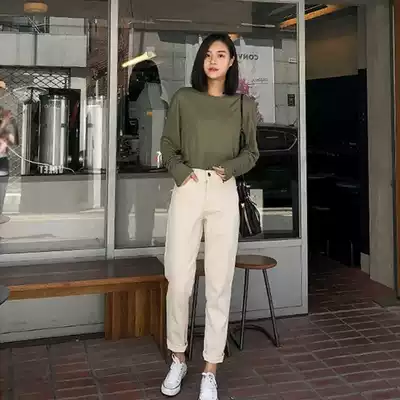 Korean white Harun jeans women's straight loose dad pants spring and summer Korean version of high waist thin ribbed pants women
