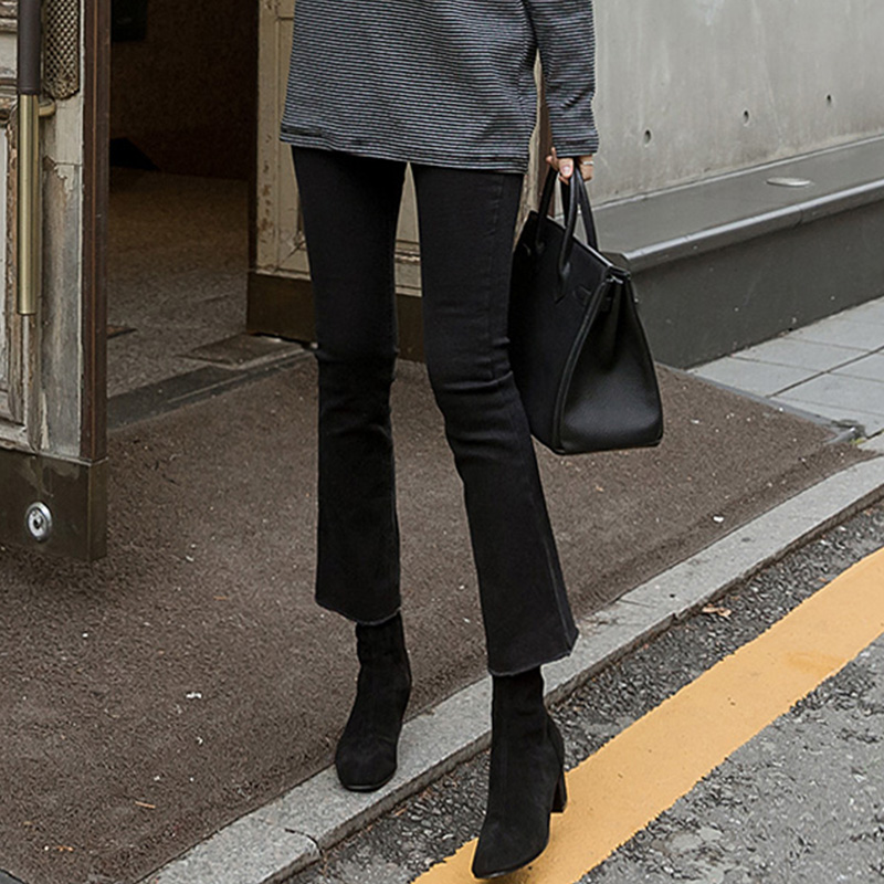 Autumn and winter plus velvet pipe pants women denim bell pants women nine points micro high waist thin 2021 New Black