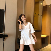2022 Fall T-Shirt Woman Pure Color Open Fork Short Sleeve Mid Length Beat Undershirt Korean Version Surge Outside Wearing Loose Clothing Tide