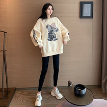 Korean version plus fleece sweater womens 2022 spring and autumn new cotton mid-length bear sweater Hong Kong style cec loose sweater