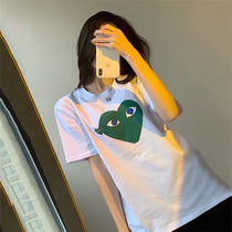 2022 Spring Summer T-shirt Women Green Hearts Blue Eyed Print Pure Cotton Loose Casual Loving Couples Short Sleeve Tide Classic