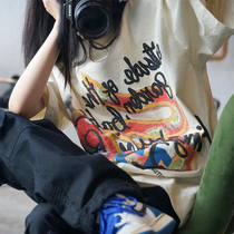 Tide-card white short sleeve T-shirt woman 2022 Spring summer new lovers loose vintage graffiti with long blouses