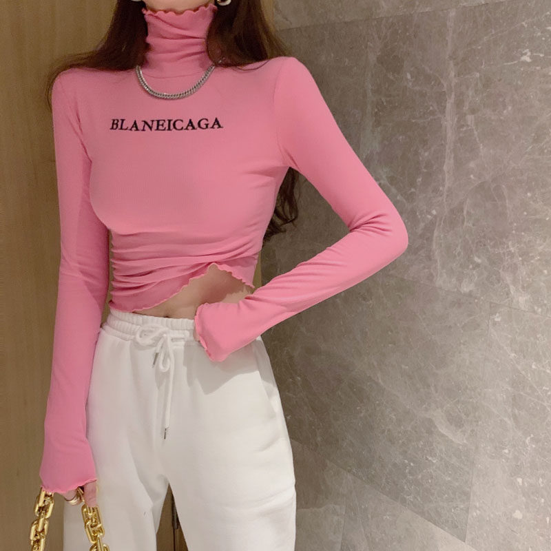 High-necked bottoming shirt women's autumn and winter 2022 new slim fit and thin letters with high-necked long-sleeved T-shirt top - Taobao