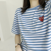 Charm champion autumn new blue and white stripes short sleeve cotton round neck embroidery love loose couple bottom T-shirt women