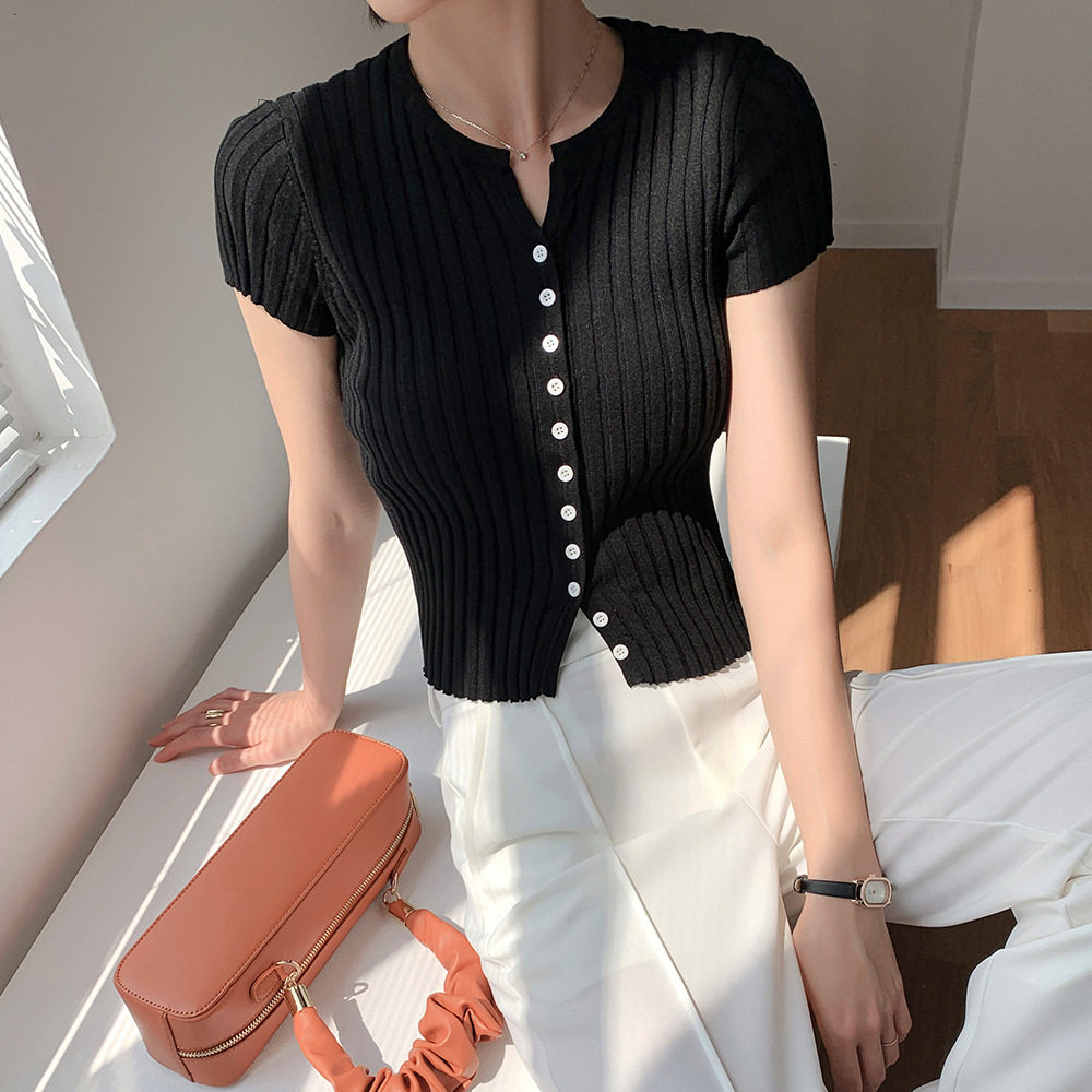 Solid color short-sleeved sweater women's Korean version of simple and versatile ice silk slim and versatile thin top FENING MAJE