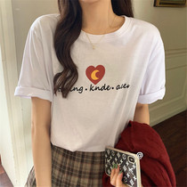 White t-shirt womens 2022 summer new round neck printed red short-sleeved loose cotton all-match large size top