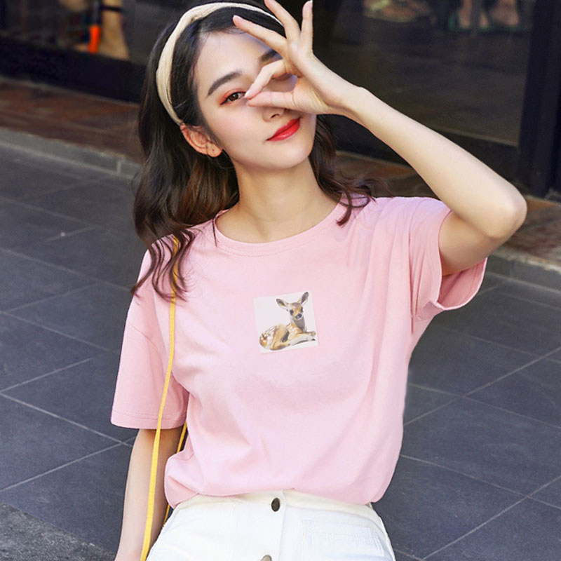 2022 Summer Short - sleeve Star Pink Mid - Long Edition Classic printed couple loose T - shirt pure cotton