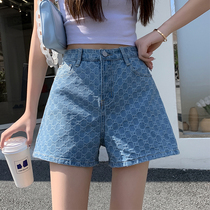 High waist denim shorts women 2022 Summer new Korean version jacquard letter patterned broadleg A character thin hot pants