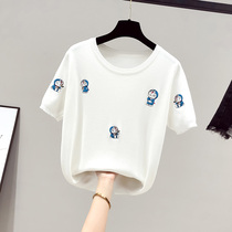 Summer dress 2022 new ice silk knit cardigan A dream short sleeve T-shirt woman loose casual design feel a little crowdblouse