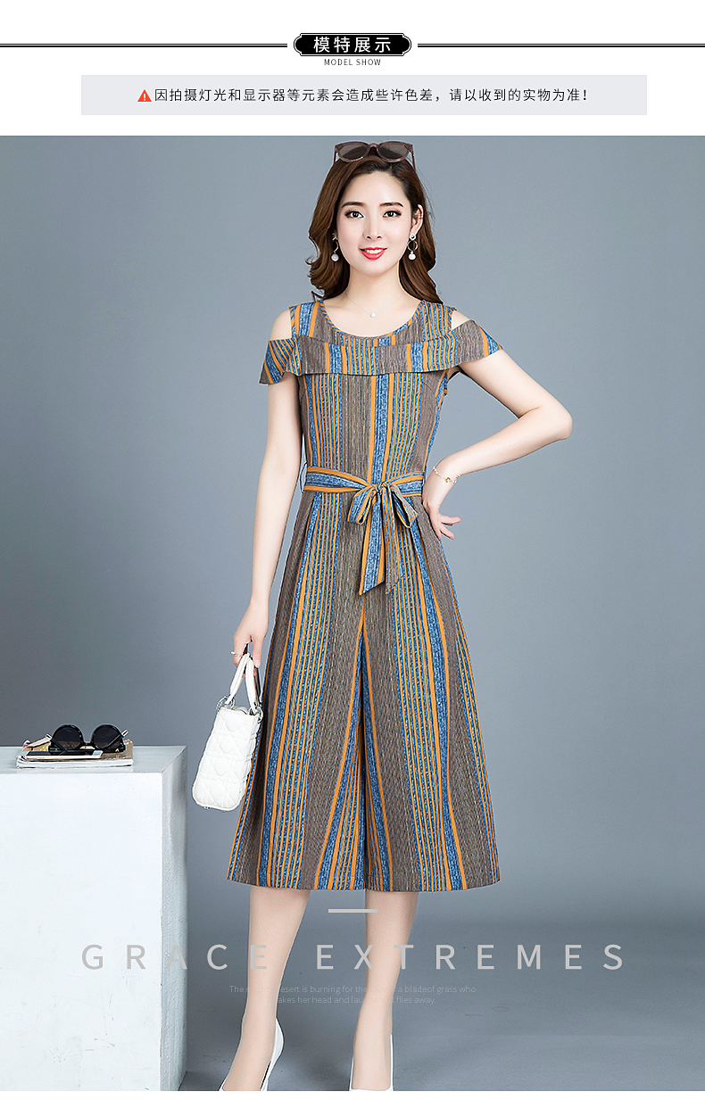 Jumpsuit nữ mùa hè ăn mặc 2018 mới của Hàn Quốc phiên bản của kích thước lớn off-shoulder Slim cao eo quần chân rộng jumpsuit sọc quần chân rộng vest nữ công sở