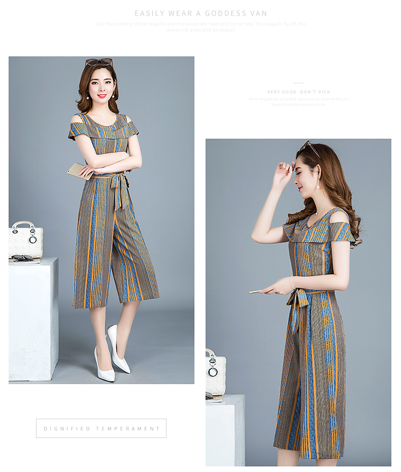 Jumpsuit nữ mùa hè ăn mặc 2018 mới của Hàn Quốc phiên bản của kích thước lớn off-shoulder Slim cao eo quần chân rộng jumpsuit sọc quần chân rộng vest nữ công sở