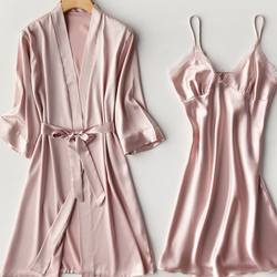 ຊຸດນອນຜ້າໄຫມແມ່ຍິງຜ້າໄຫມບາງໆຮ້ອນ Temptation Nightgown Lace Nightgown Spring and Autumn Ice Silk Nightgown Two-piece Set Hot