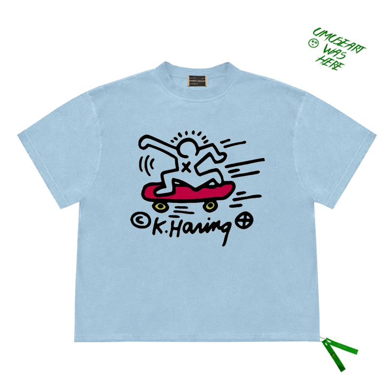 Keith Haring Art Skateboard Line Drawing Illustration Print Pattern Niche Short-Sleeve T-Shirt