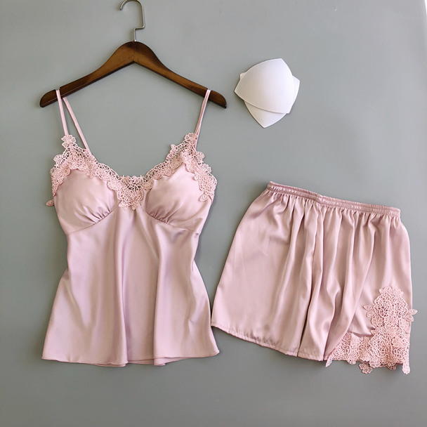 Đồ ngủ nữ gợi cảm mùa hè quần short với miếng đệm ngực tập hợp hai bộ áo lụa mỏng của Hàn Quốc phù hợp với phụ nữ đồ bộ pijama