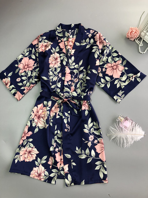 New silk áo ngủ nữ mùa hè sexy kimono tie băng lụa in đồ ngủ ngắn tay áo mỏng bên ngoài hàng loạt áo choàng tắm áo choàng