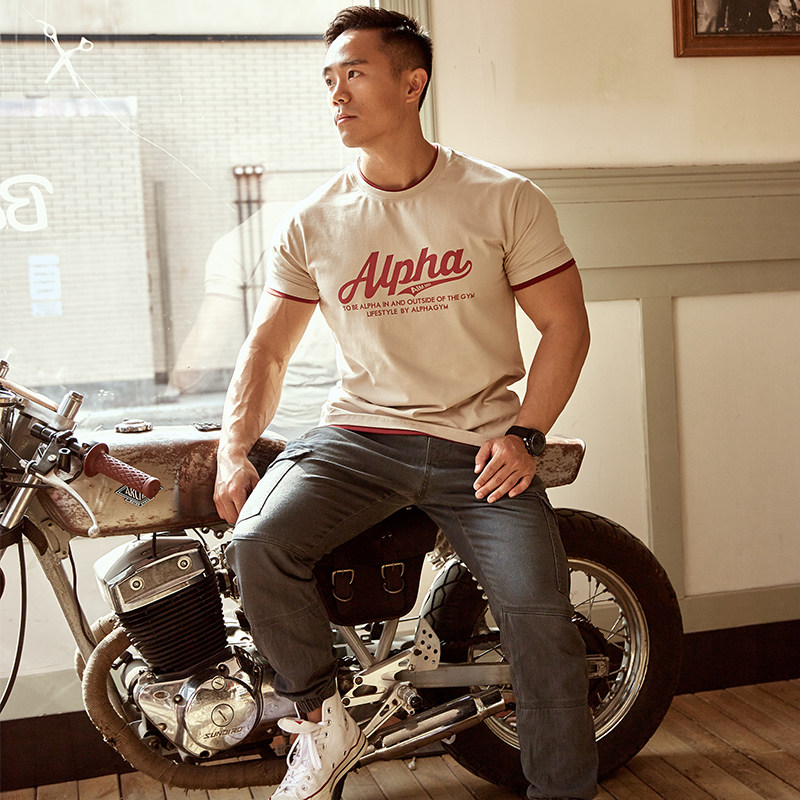 AlphaGym coloured two sports short sleeved men spring and summer new American retro - collar street trend T - shirt