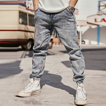 Alpha Thin snow flower bouquet Jeans Comfort Combed Cotton Spring Xia and America Great code Leisure musculature Mens pants