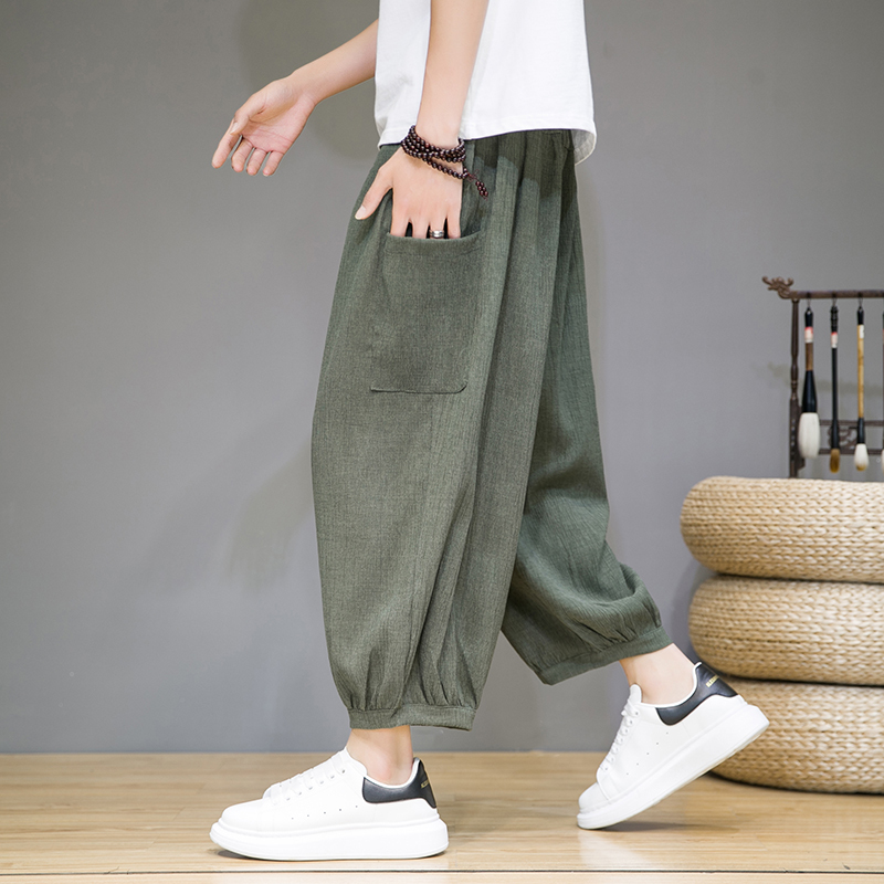 Chinese Style Ice Silk Linen Pants Men's Summer Thin Cotton and Linen Cropped Pants Casual Large Size Loose Wide Leg Eight-Quarter Pants