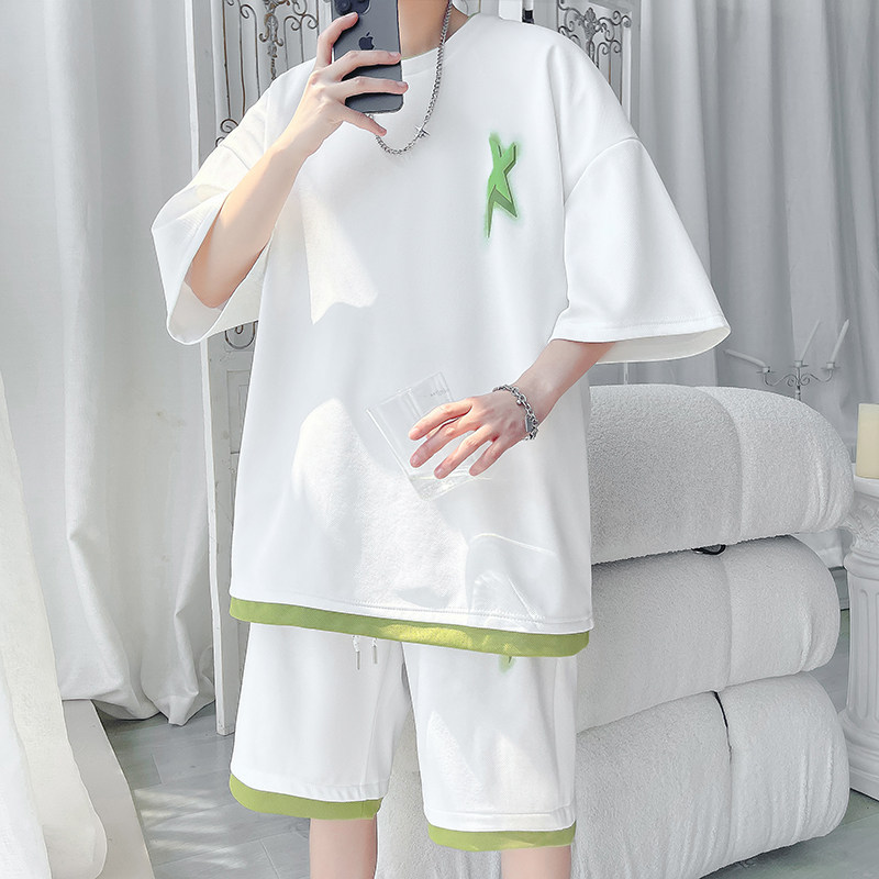 Fashionable Brand Handsome Street T-Shirt Fake Two-Piece Short-Sleeved Shorts Suit Men's Summer High-End Men's Clothing with a Complete Set