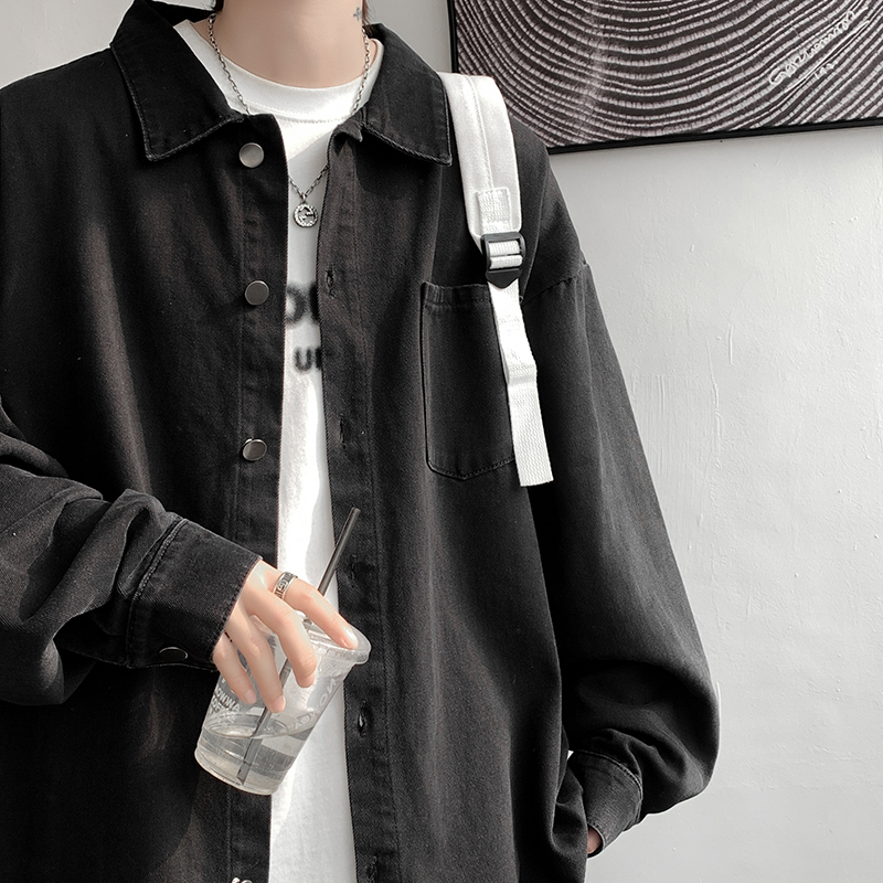 Autumn Outfit Denim Shirt for Men, Autumn Plus Size Long-Sleeve Shirt, Loose Japanese Cityboy Jacket