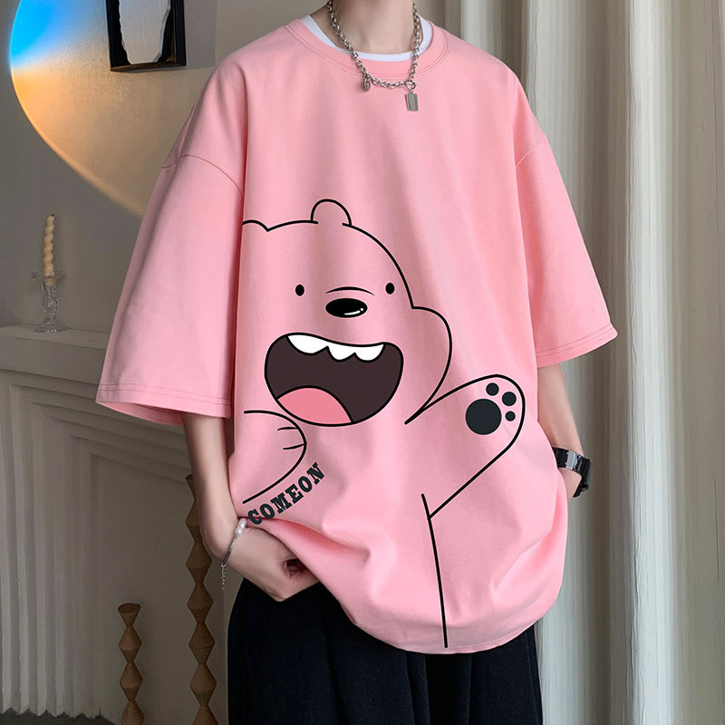 Gentle Pink Bear 320g Heavyweight Short-Sleeved Men's 2026 New Couple Outfit Pure Cotton T-Shirt Large Size Half-Sleeve