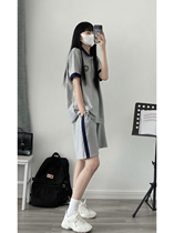 Pure Cotton Academy Wind Polo Collar Casual Sportswear Suit Women Summer Loose Short Sleeve Shorts Grey Two Sets Tide