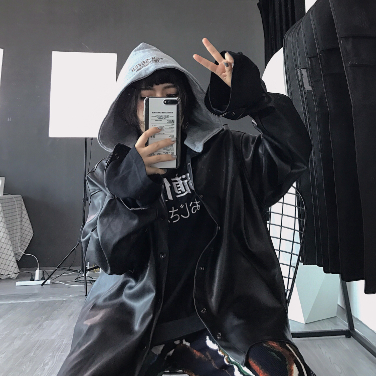 Beckham Bác oversize hoang dã mảnh mai trùm đầu giả hai mảnh PU da BF gió áo khoác da nam nữ bomber da lộn
