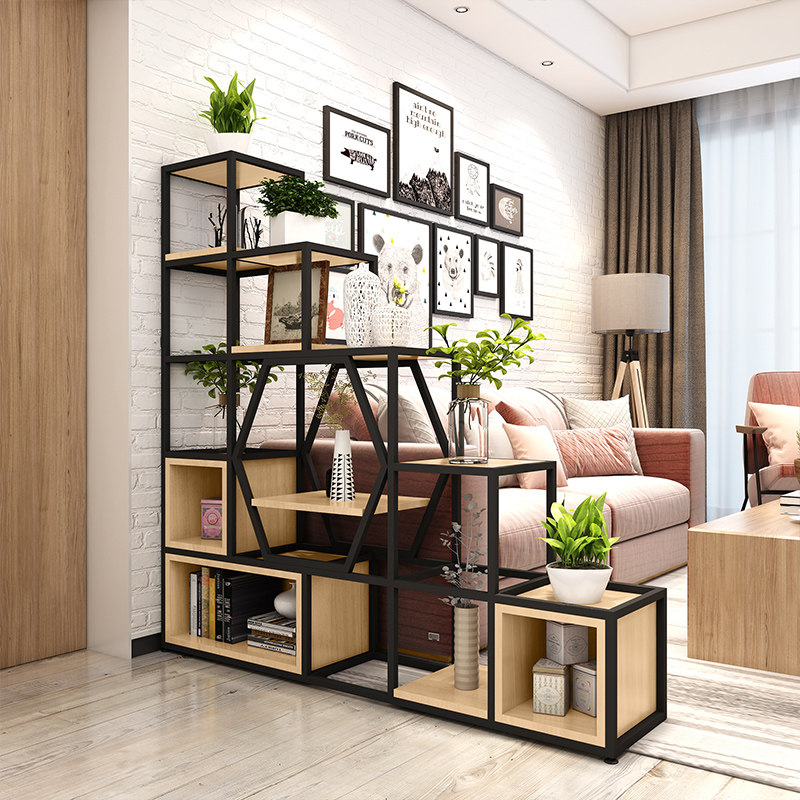 Iron floor screen partition living room shelf partition trapezoidal shelf solid wood bookshelf display stand modern simplicity - Taobao