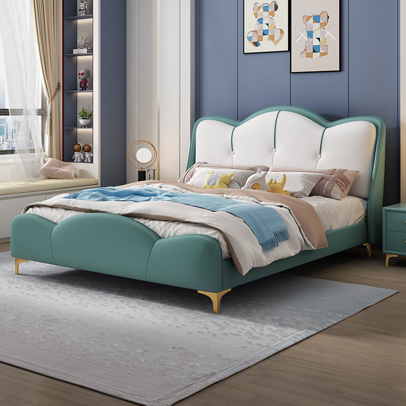 Young Leather Children's Bed Solid Wood Modern Light Luxury Boy Net Red Soft Bed Children's Princess Soft Bag Bed